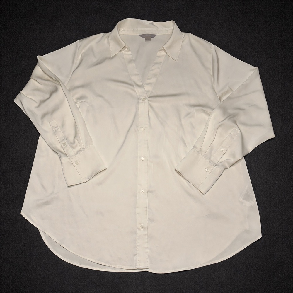 H&M Ivory Satin Blouse XL Minimalist Workwear Office Chic Long Sleeve Loose Soft